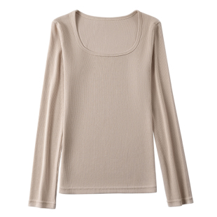 纯棉打底衫女早秋新款洋气U领长袖t恤修身内搭大领口方领白色上衣