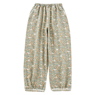 泡泡棉睡裤女夏纯棉纱布薄款宽松全棉居家裤卡通碎花九分裤可外穿