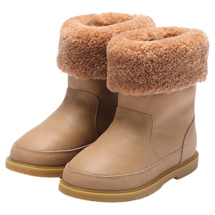 荷兰DONSJE男女儿童手工皮鞋动物秋冬翻毛边中筒靴加绒中童靴皮靴