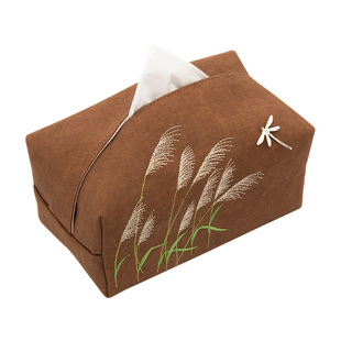 夏天芒草纸巾盒布艺创意抽纸袋刺绣芦苇纯棉纸巾套定制胸针蜻蜓