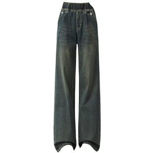 复古直筒牛仔裤女加绒加厚冬季松紧腰宽松小个子保暖显瘦阔腿裤子