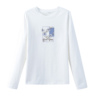 拉夏贝尔白色纯棉长袖t恤女2026新款春季设计感时尚百搭正肩上衣