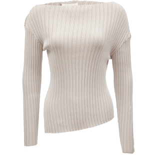 Vero Moda奥莱针织衫秋冬新款斜一字领不规则下摆坑条毛衣女上衣