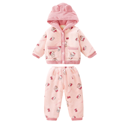 女童加厚睡衣冬季儿童法兰绒三层夹棉保暖家居服宝宝超厚连帽衣服