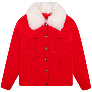 落落狷介棉服女款冬季灯芯绒短外套女2025新款小个子红色刺绣夹棉