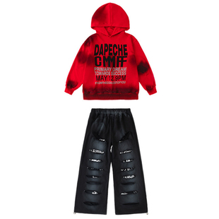 元旦街舞儿童演出服男童秋冬红色连帽卫衣破洞牛仔裤套装hiphop酷