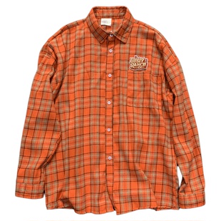 超级好看多巴胺刺绣格子衬衫男潮牌宽松桔色橙色衬衣女长袖上衣薄