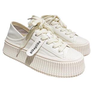 网红增高厚底两穿小白鞋女2026新款真皮系带圆头休闲运动鞋饼干鞋