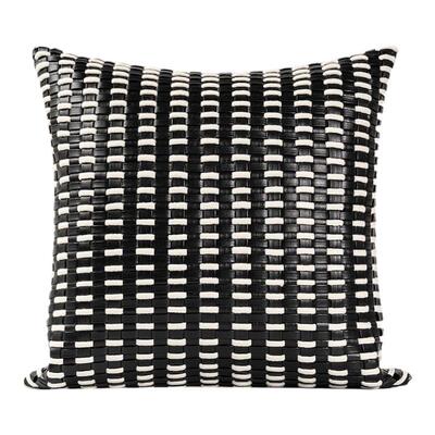 ELIN LONYAIN现代简约黑色皮质白色棉绳编织靠垫抱枕样板房方腰枕