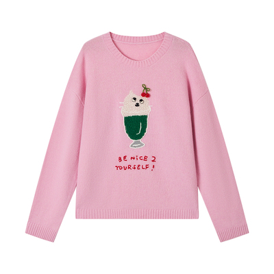 有兰U等等猫咪绣花圆领毛衣