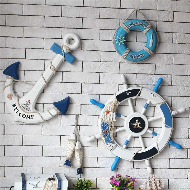 地中海船舵锚救生圈组合套装大厘米家居饰品海洋尺寸组合62串风鱼