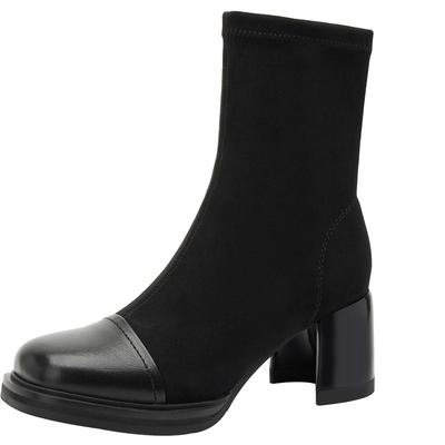 哈森粗跟弹力靴通勤高跟短靴