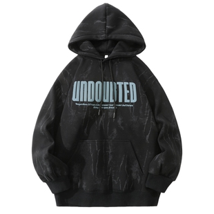 男士黑色连帽卫衣男款加绒加厚冬季衣服2026新款撞色印花男装上衣