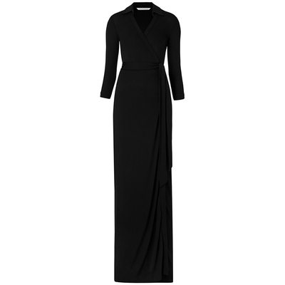 d*f裹身裙2025夏季新款黑色修身显瘦长款长裙有领七分袖连衣裙女