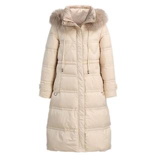 马天奴秋冬新款米色连帽毛领保暖百搭白鸭绒长款羽绒服抽绳外套