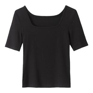 网红T恤2026新款露锁骨紧身方领上衣螺纹莫代尔黑色低领短袖女夏