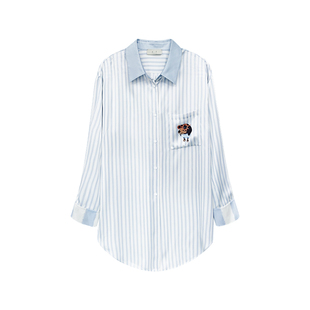 腊肠小狗』桑罗条纹印花真丝衬衫裙100%桑蚕丝女长袖家居服可外穿