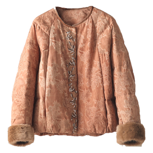 新中式国风鹅绒羽绒服女2025冬季新款重工刺绣水貂毛袖口圆领外套