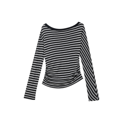 天丝羊毛条纹斜肩上衣针织长袖