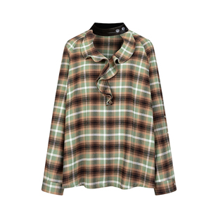 RUSTLE荷叶边磨毛全棉绿格纹衬衫长袖上衣女