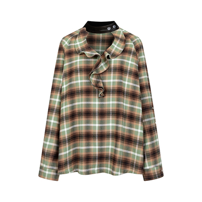 RUSTLE荷叶边磨毛全棉绿格纹衬衫长袖上衣女