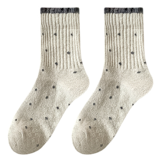波点羊毛袜子女款秋冬加厚加绒中筒袜保暖羊绒袜灰色复古花边长袜