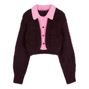 JNBY/江南布衣秋冬短款开衫毛衣女翻领马海毛假两件撞色短款毛衫