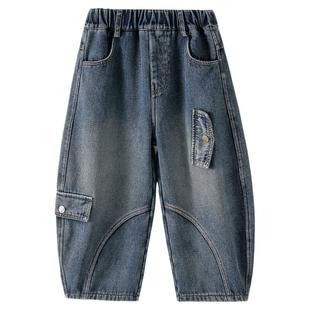 男童加绒弯刀牛仔裤2025秋冬新款儿童加绒加厚一体绒保暖长裤冬装