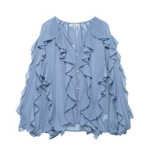 BANA西班牙外贸出口大码慵懒荷叶边V领雪纺长袖衬衫衬衣上衣女春