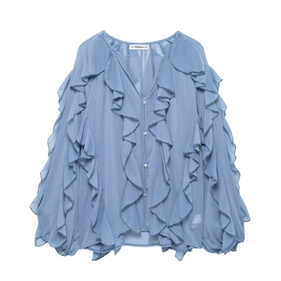 慵懒荷叶边V领雪纺长袖衬衫女