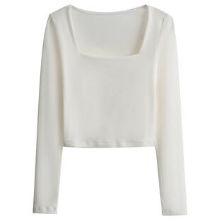 白色方领打底衫女内搭2025秋冬长袖t恤修身短款高腰大领口上衣