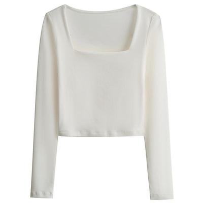 白色方领打底衫女内搭2025秋冬长袖t恤修身短款高腰大领口上衣