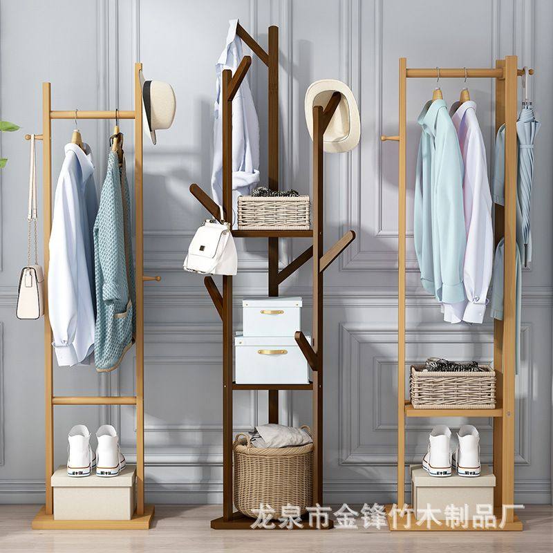 玄关衣帽架落地卧室多功能实木简易家用挂衣架架置角落门口收纳物