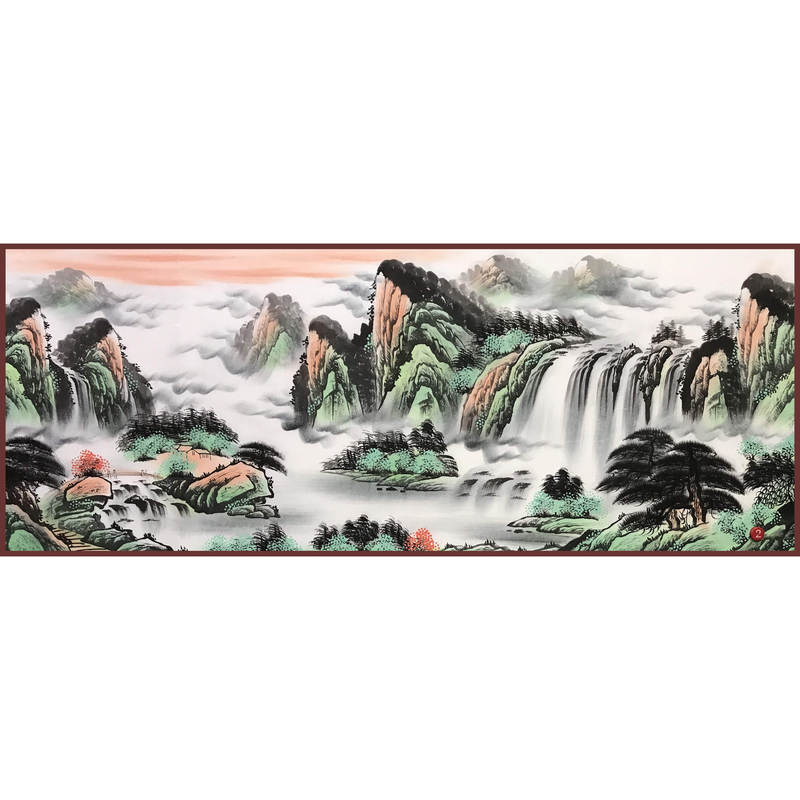 特价手工绘制小六尺山水风景山水画手绘山石瀑布背景墙国画装饰画