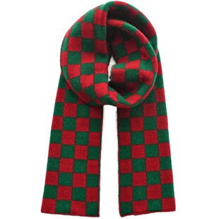 圣诞红绿色棋盘格儿童羊毛围巾冬季男童女童保暖针织毛线格子围脖
