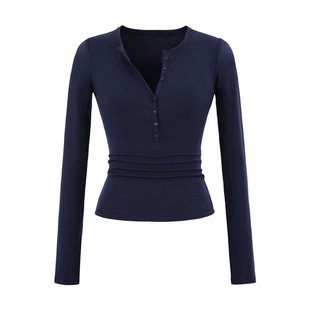 纯欲辣妹领口纽扣半开襟长袖天丝T恤纯色百搭早秋新款上衣打底衫