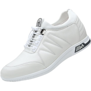 老人头白皮鞋男真皮头层牛皮内增高6cm运动休闲小白鞋透气增高鞋