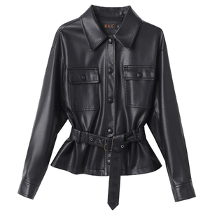 宋佳同款春秋新款短款收腰系带海宁真皮皮衣女泡皮绵羊皮夹克外套