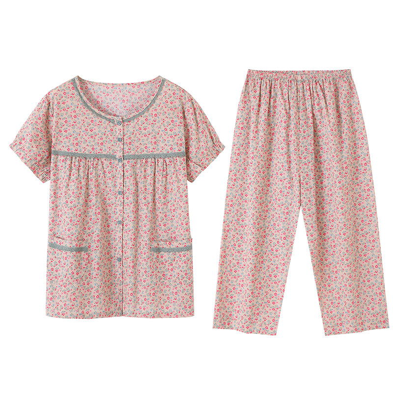睡衣女夏季梭织纯棉短袖七分裤家居服夏天中年妈妈全棉薄款两件套