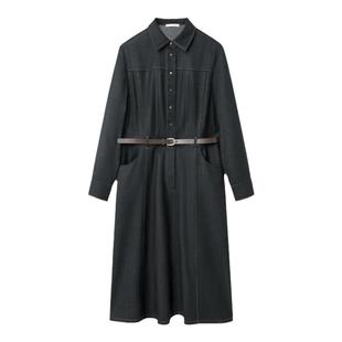 OVV秋冬热卖女装牛仔翻领羊毛随附腰带长袖休闲连衣裙