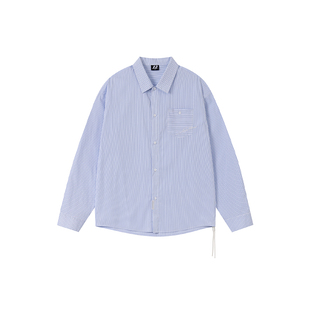 FORNINES刺绣蓝色条纹长袖衬衫男款2026春季新款潮牌休闲通勤上衣