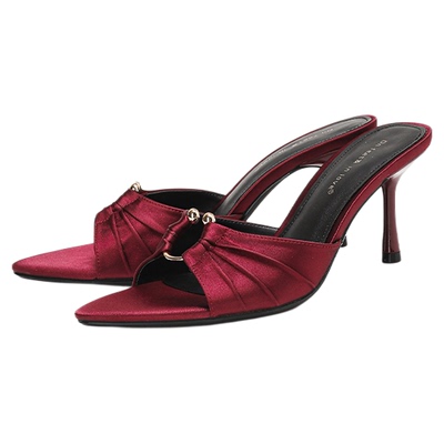 法式尖头金属鱼嘴一字拖高跟拖鞋