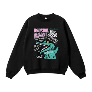 DNNNNX25秋冬潮牌涂鸦卡通鳄鱼图案男女同款加绒圆领套头卫衣