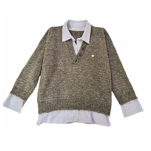 XinDaily 韩系学院风 花灰色蓝白条纹假两件休闲衬衫毛衣长袖