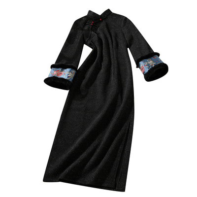 黑色旗袍冬装加绒加厚绝美新中式