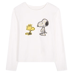 落落狷介 长袖早秋chic上衣白色刺绣T恤女2025年新款设计感打底衫