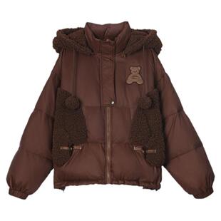 【现货】森女部落原创深棕色小熊造型白鸭绒羽绒服女装秋冬款外套