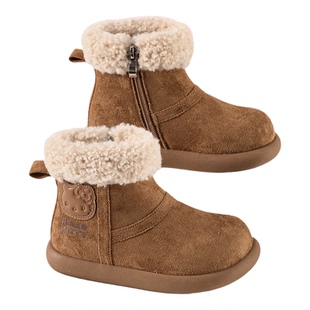 ABC女童公主棉鞋冬季加绒保暖雪地靴翻毛绒短靴粉色小女孩中大童