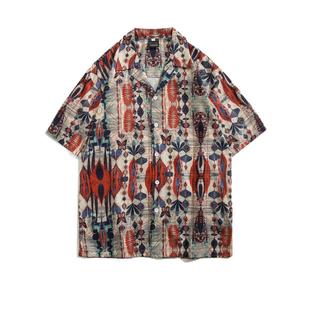 复古民族风冰丝垂感古巴领短袖衬衫男装夏季休闲宽松透气免烫衬衣