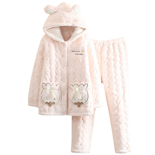 软萌可爱珊瑚绒夹棉睡衣女冬季三层加厚保暖卡通连帽家居服套装新